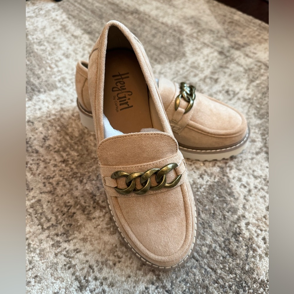 Corkys Tan Suede Loafers with Gold Chain Detail